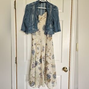 Chadwicks Cream Floral Dress with Blue Jacket